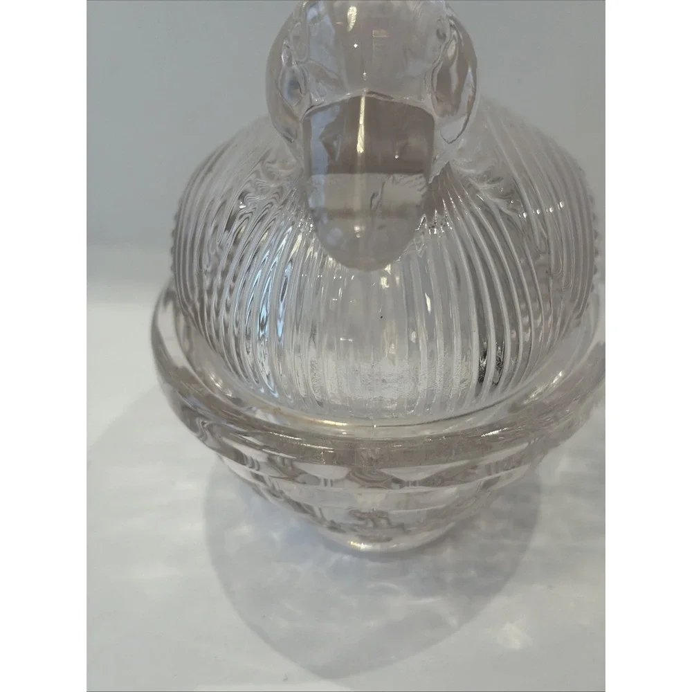 Light Pale Pink Glass Duck On Woven Basket Dish Trinket Candy Covered